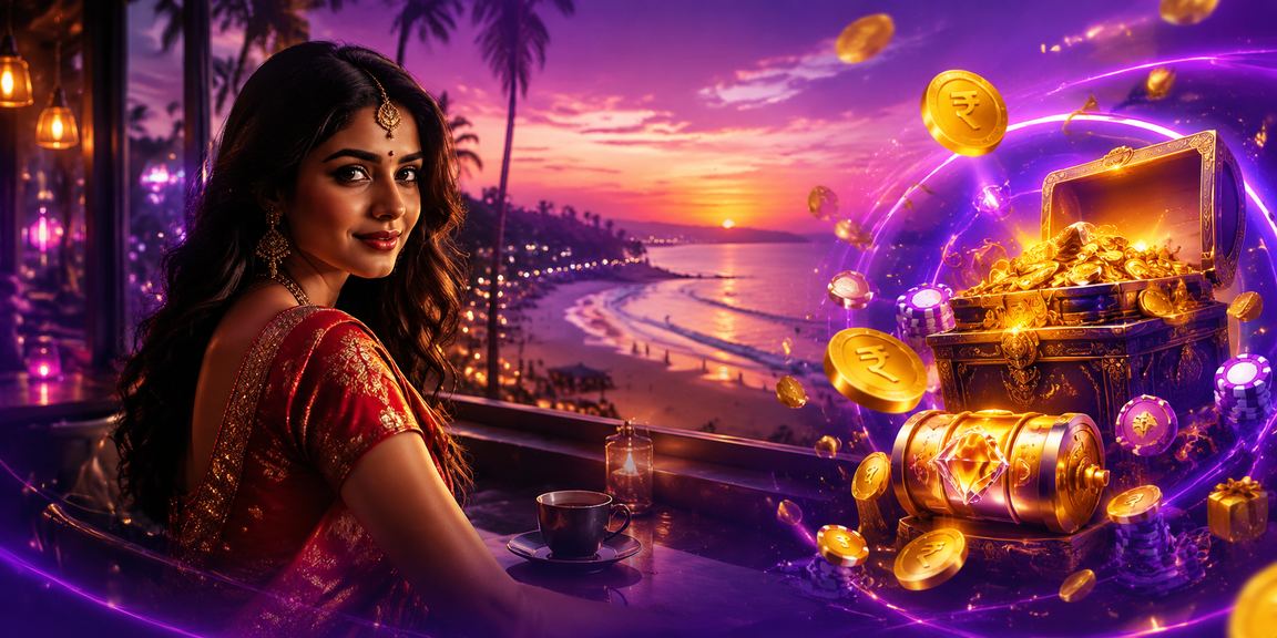 Indian woman playing Rummy online on a mobile device at a scenic beach setting