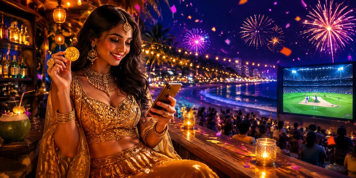 Indian woman enjoying cricket betting on mobile during night IPL celebrations